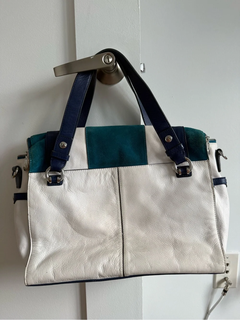 Karen Millen Teal, White & Navy Striped Satchel